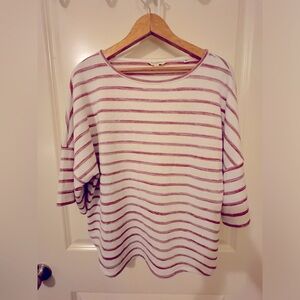 Max Studio London Striped 3/4 Sleeve Shirt in Ivory and Garnet.